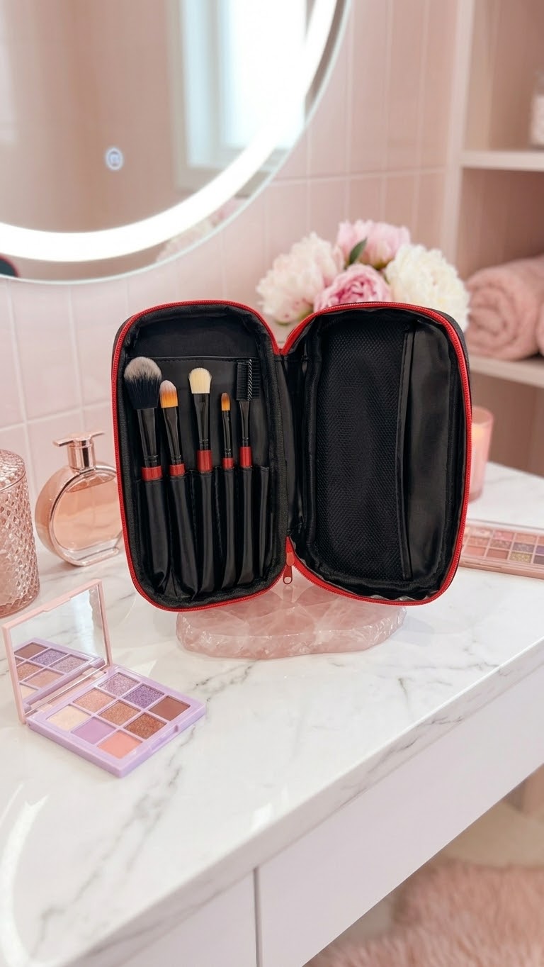Kit Pochette de Rangement & 5 Pinceaux de Maquillage Pro – Noir & Rouge